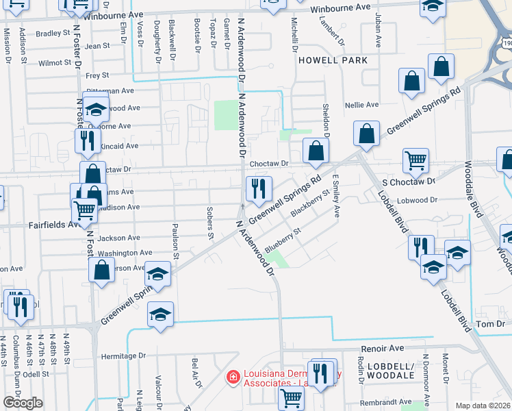 map of restaurants, bars, coffee shops, grocery stores, and more near 6053 Greenwell Springs Road in Baton Rouge