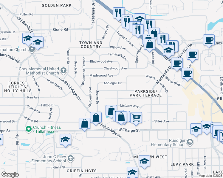 map of restaurants, bars, coffee shops, grocery stores, and more near 914 Barrie Avenue in Tallahassee