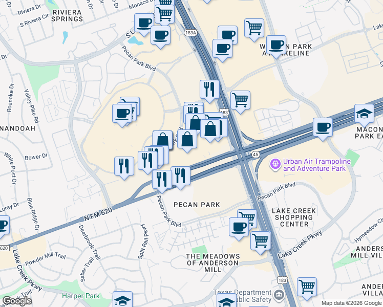 map of restaurants, bars, coffee shops, grocery stores, and more near 11066 Pecan Park Boulevard in Cedar Park