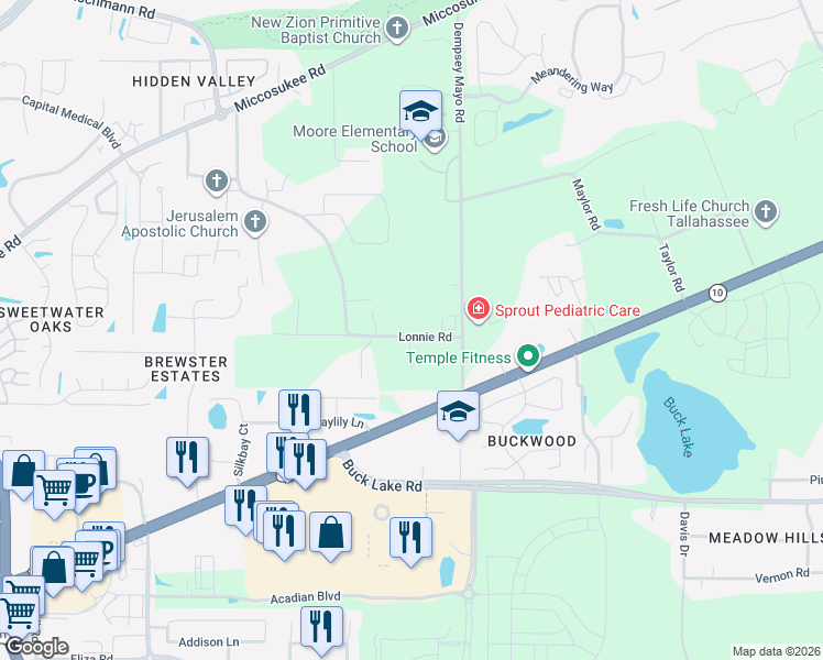 map of restaurants, bars, coffee shops, grocery stores, and more near 1120 Lonnie Road in Tallahassee