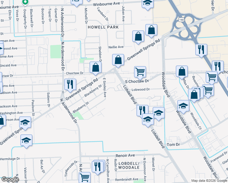 map of restaurants, bars, coffee shops, grocery stores, and more near 2121 Lobdell Boulevard in Baton Rouge