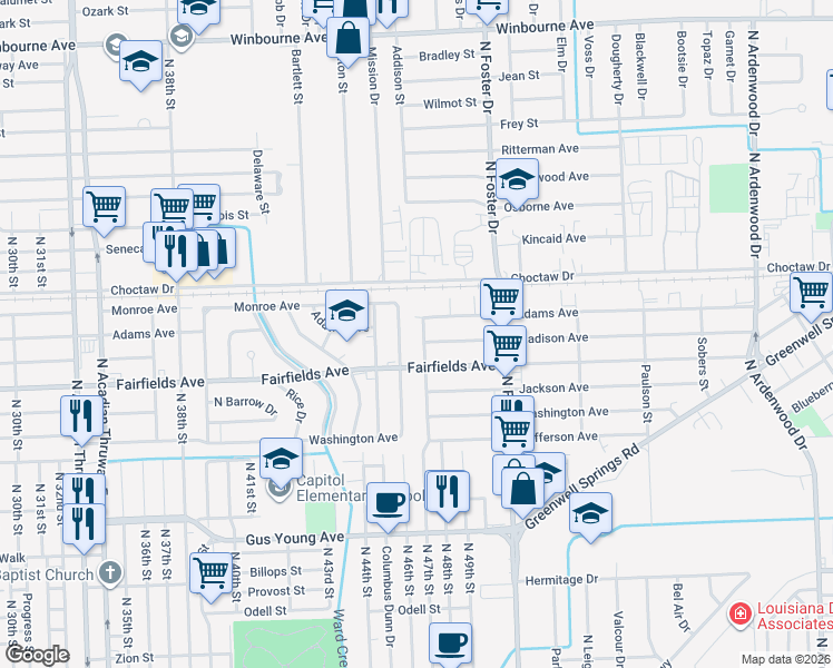 map of restaurants, bars, coffee shops, grocery stores, and more near 4601 Adams Avenue in Baton Rouge