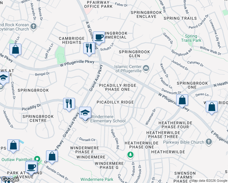 map of restaurants, bars, coffee shops, grocery stores, and more near 17601 Strontian Pass in Pflugerville