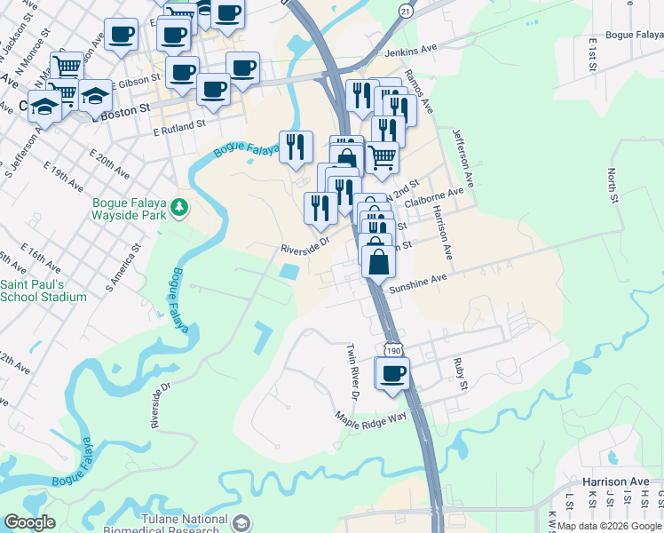 map of restaurants, bars, coffee shops, grocery stores, and more near 70150 North 4th Street in Covington