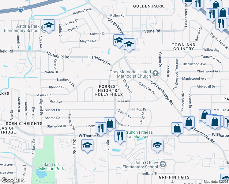 map of restaurants, bars, coffee shops, grocery stores, and more near 2115 Evergreen Drive in Tallahassee