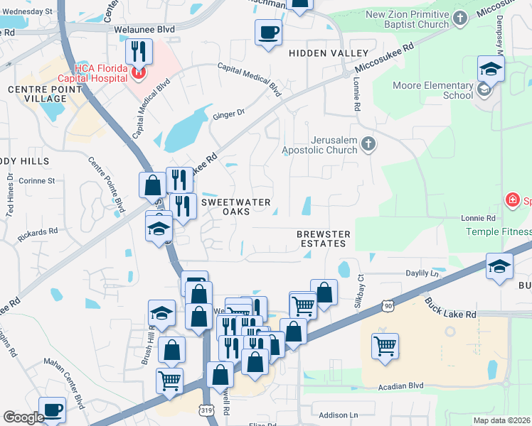 map of restaurants, bars, coffee shops, grocery stores, and more near 1632 Miccosukee Loop in Tallahassee