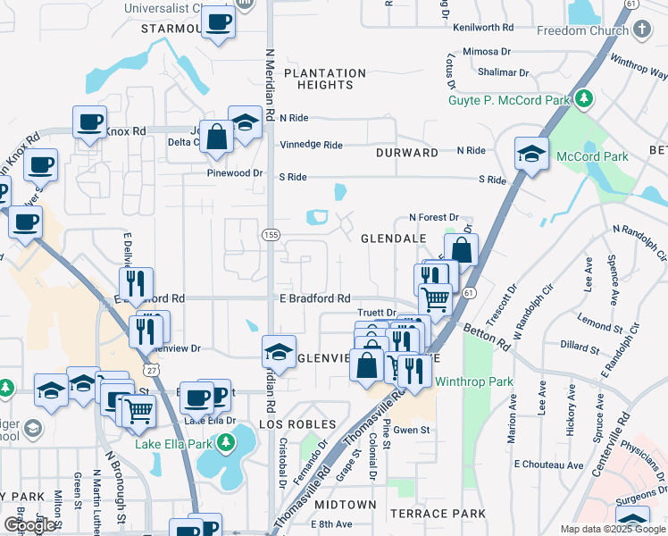 map of restaurants, bars, coffee shops, grocery stores, and more near 9 Winding Way in Tallahassee