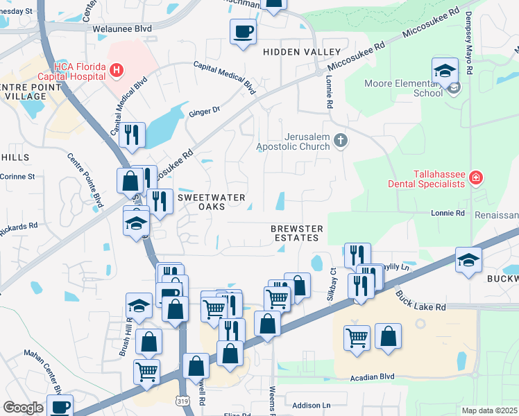map of restaurants, bars, coffee shops, grocery stores, and more near 1492 Harbor Club Drive in Tallahassee