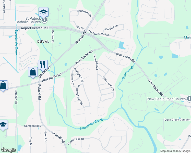 map of restaurants, bars, coffee shops, grocery stores, and more near 12630 Richfield Boulevard in Jacksonville