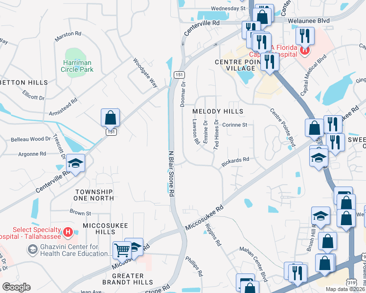 map of restaurants, bars, coffee shops, grocery stores, and more near 2011 Doomar Drive in Tallahassee