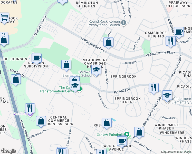 map of restaurants, bars, coffee shops, grocery stores, and more near 1718 Picadilly Drive in Round Rock