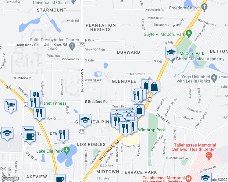 map of restaurants, bars, coffee shops, grocery stores, and more near 2010 Forest Glen Court in Tallahassee