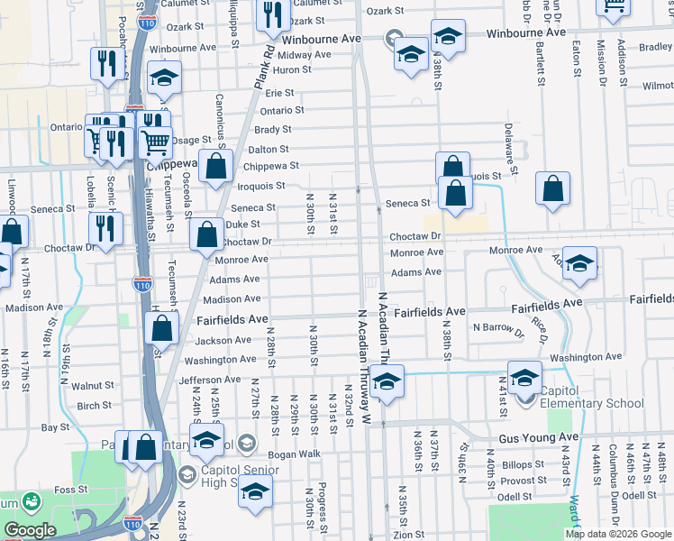 map of restaurants, bars, coffee shops, grocery stores, and more near 3045 Monroe Avenue in Baton Rouge