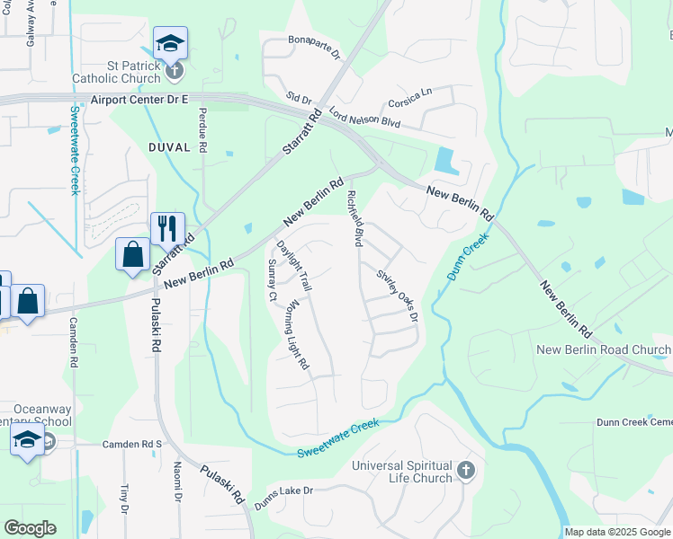 map of restaurants, bars, coffee shops, grocery stores, and more near 1250 Spring Creek Court in Jacksonville