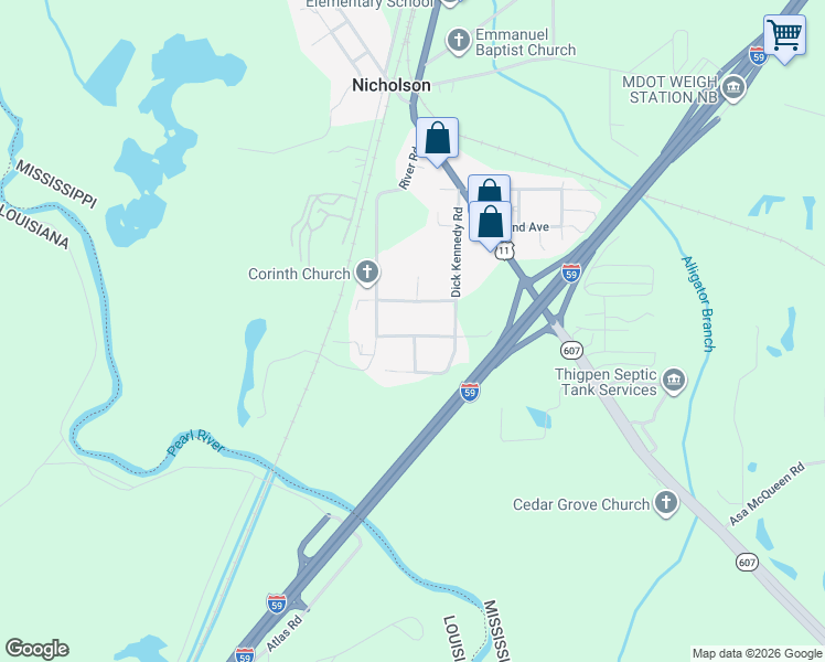 map of restaurants, bars, coffee shops, grocery stores, and more near 118-198 Thomas Stockstill Road in Picayune