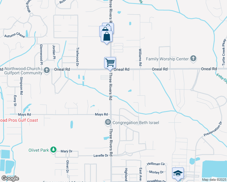 map of restaurants, bars, coffee shops, grocery stores, and more near 12450 Three Rivers Road in Gulfport