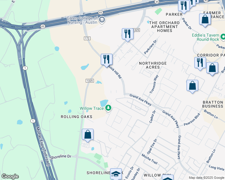 map of restaurants, bars, coffee shops, grocery stores, and more near 3701 Quick Hill Road in Austin