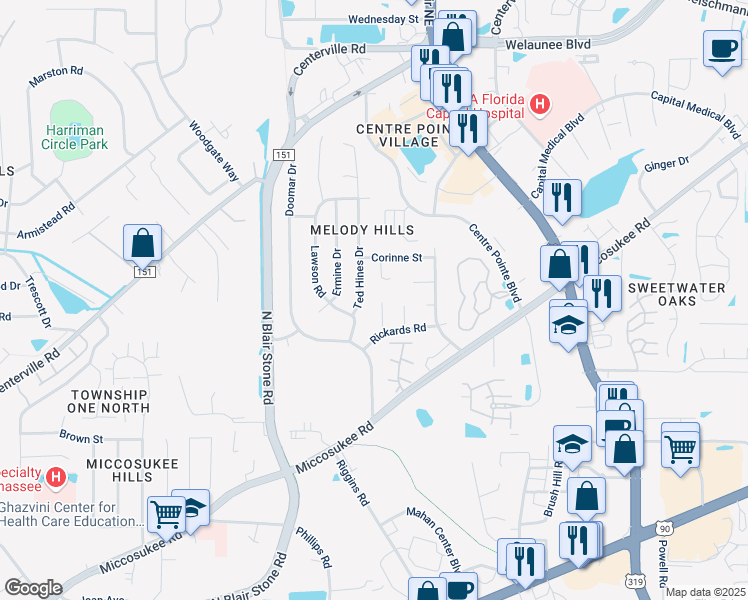 map of restaurants, bars, coffee shops, grocery stores, and more near 1928 Shelby Court in Tallahassee