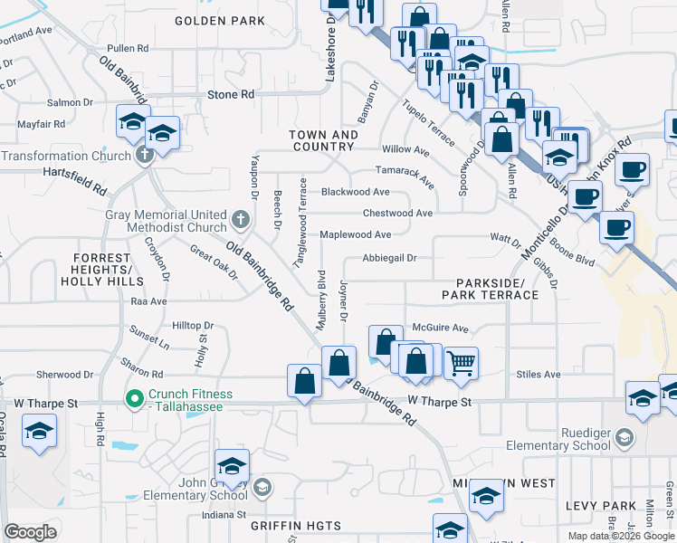 map of restaurants, bars, coffee shops, grocery stores, and more near 922 Abbiegail Drive in Tallahassee
