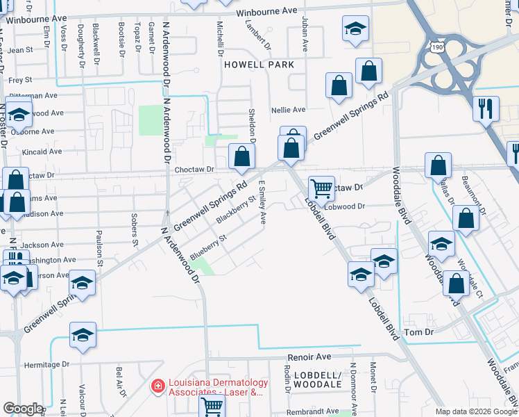 map of restaurants, bars, coffee shops, grocery stores, and more near 6545 Blackberry Street in Baton Rouge