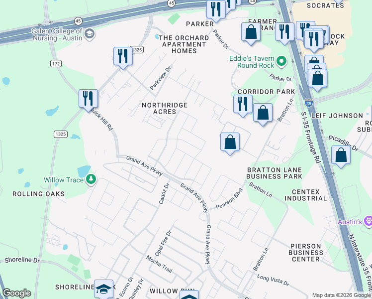 map of restaurants, bars, coffee shops, grocery stores, and more near 3804 Tranquil Lane in Austin