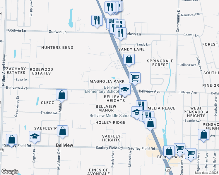map of restaurants, bars, coffee shops, grocery stores, and more near 4647 Petra Circle in Pensacola
