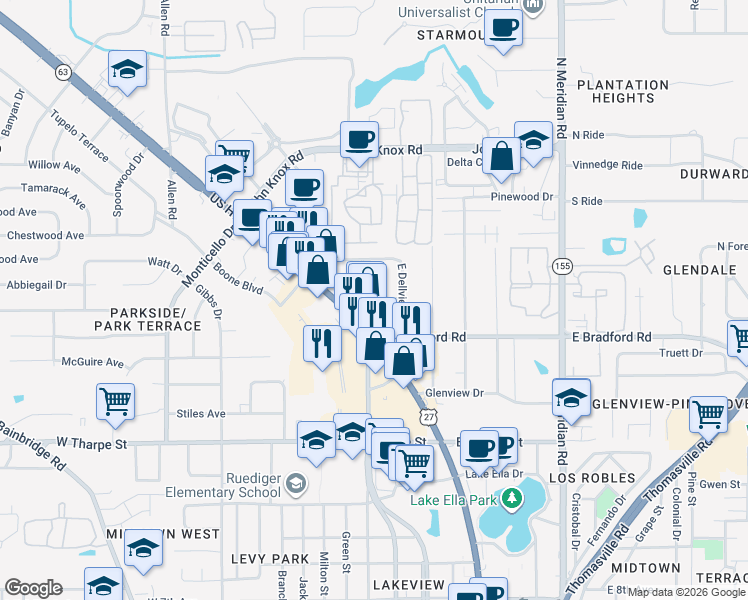 map of restaurants, bars, coffee shops, grocery stores, and more near 2118 Charter Oak Drive in Tallahassee