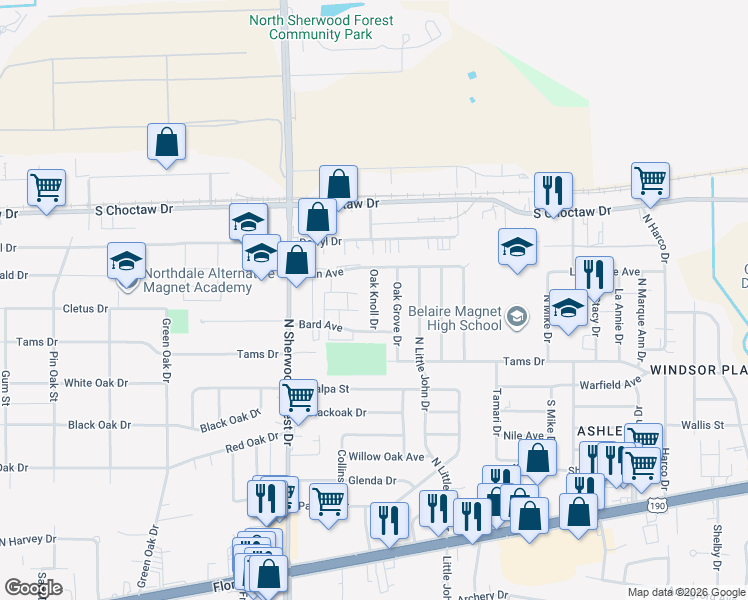 map of restaurants, bars, coffee shops, grocery stores, and more near 2215 Oak Knoll Drive in Baton Rouge