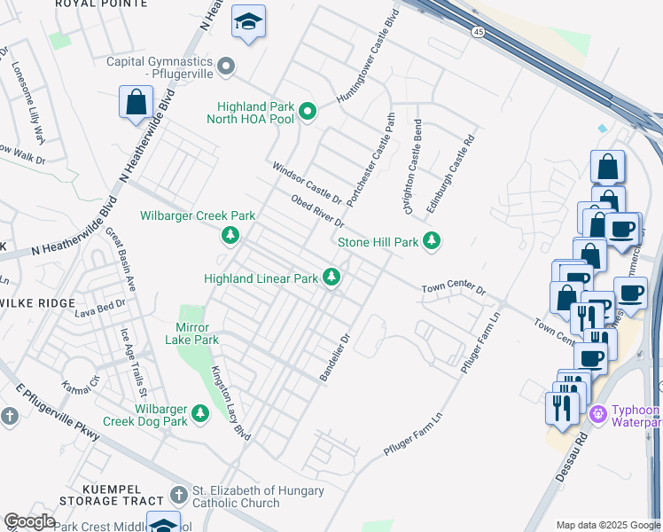 map of restaurants, bars, coffee shops, grocery stores, and more near 18520 Mammoth Cave Boulevard in Pflugerville