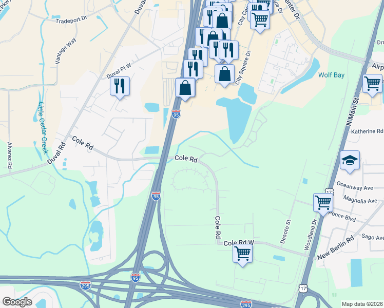 map of restaurants, bars, coffee shops, grocery stores, and more near 961 Cole Road in Jacksonville