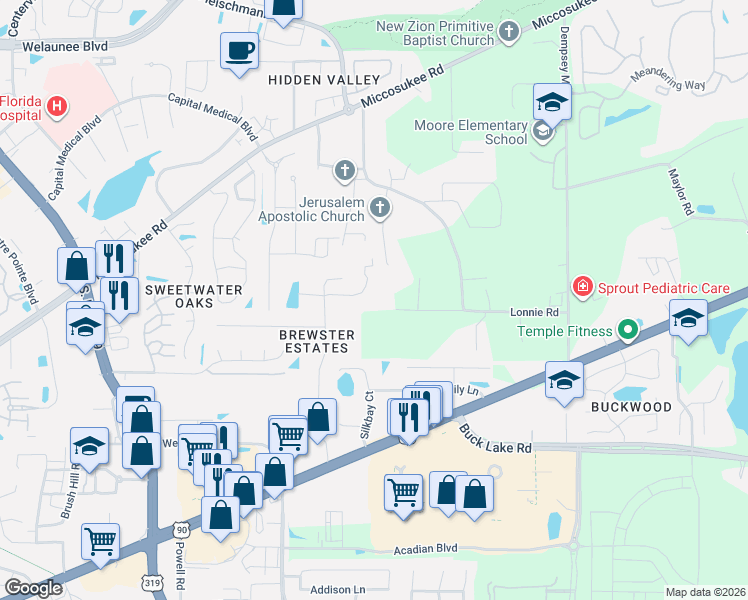 map of restaurants, bars, coffee shops, grocery stores, and more near 3470 Bear Creek Road in Tallahassee