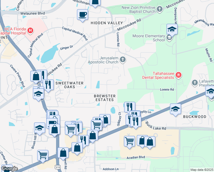 map of restaurants, bars, coffee shops, grocery stores, and more near 4357 Brewster Road in Tallahassee