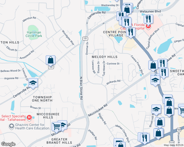 map of restaurants, bars, coffee shops, grocery stores, and more near 1927 Lawson Road in Tallahassee