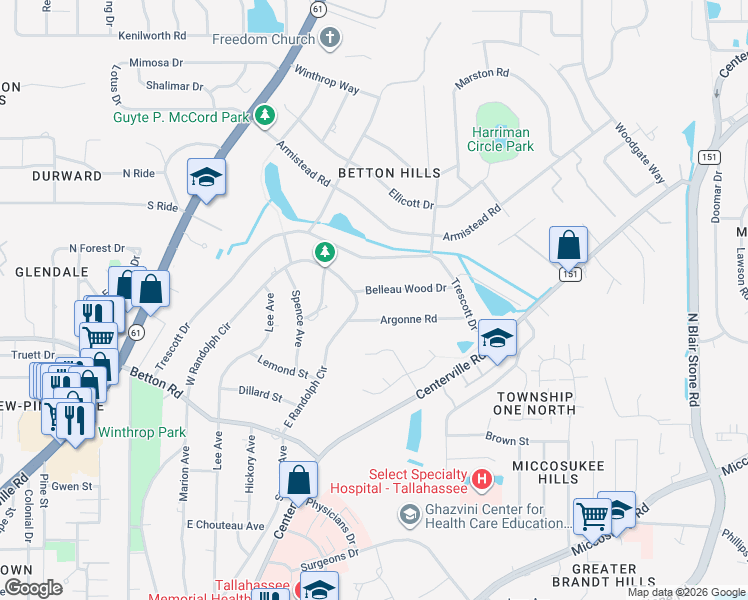 map of restaurants, bars, coffee shops, grocery stores, and more near 1500 Belleau Wood Drive in Tallahassee