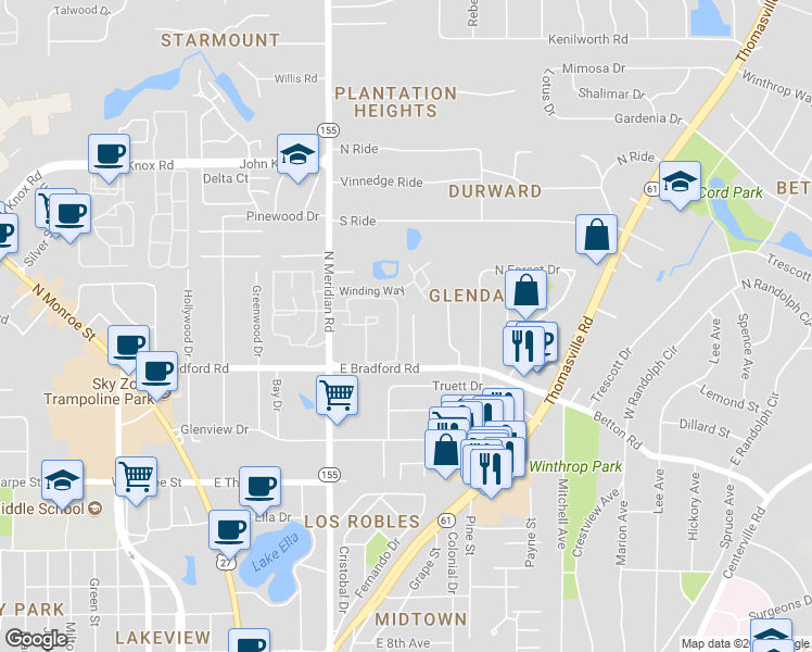 map of restaurants, bars, coffee shops, grocery stores, and more near 9 Winding Way in Tallahassee