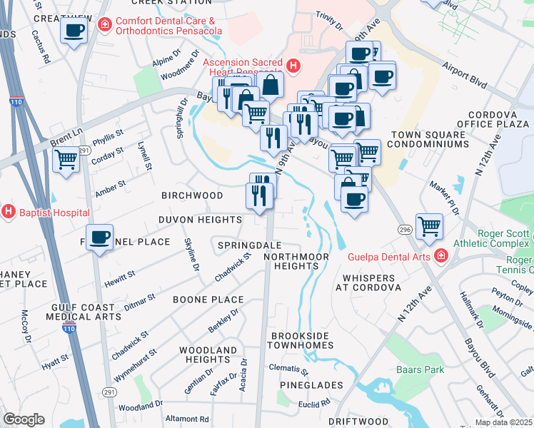 map of restaurants, bars, coffee shops, grocery stores, and more near 4801 North 9th Avenue in Pensacola