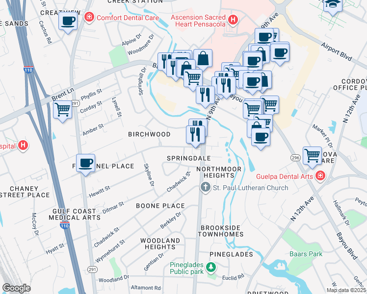 map of restaurants, bars, coffee shops, grocery stores, and more near 4805 North 9th Avenue in Pensacola