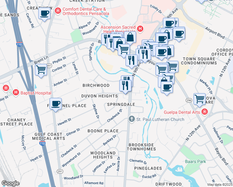 map of restaurants, bars, coffee shops, grocery stores, and more near 4805 North 9th Avenue in Pensacola