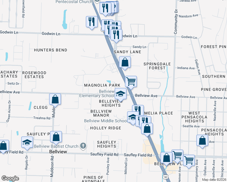 map of restaurants, bars, coffee shops, grocery stores, and more near 4610 Petra Circle in Pensacola