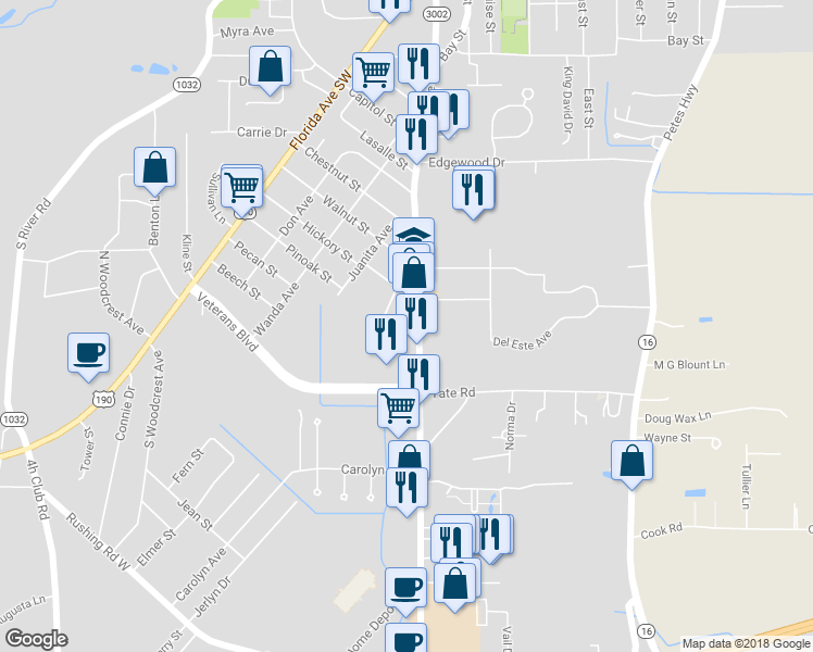 map of restaurants, bars, coffee shops, grocery stores, and more near 1129 South Range Avenue in Denham Springs