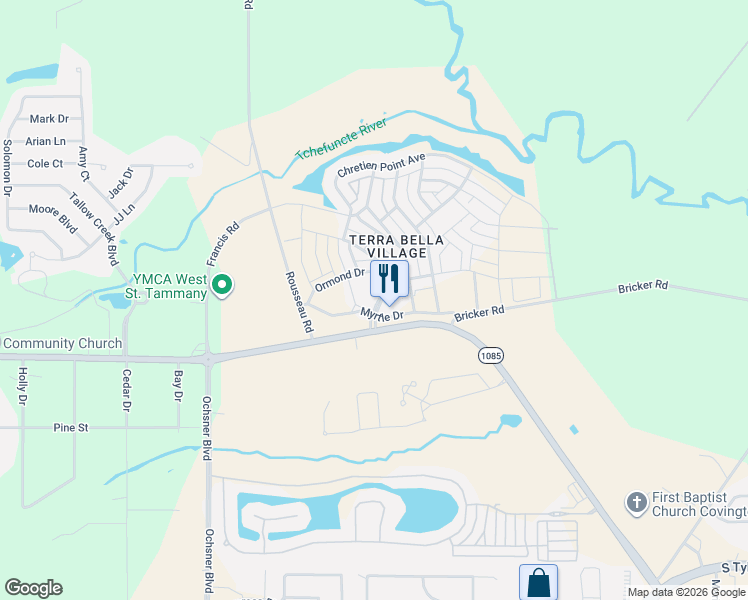 map of restaurants, bars, coffee shops, grocery stores, and more near 343 Ormond Drive in Covington