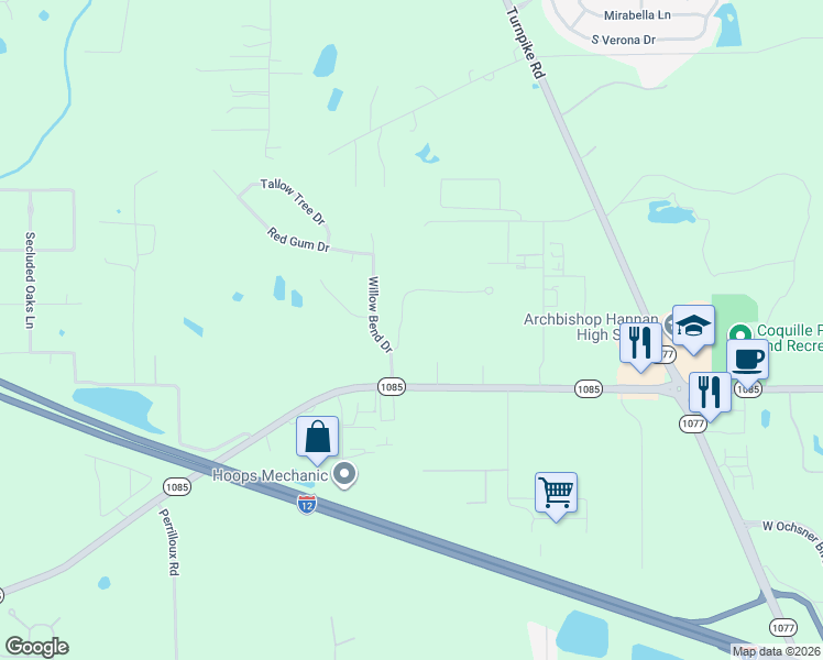 map of restaurants, bars, coffee shops, grocery stores, and more near 108 Willow Bend Drive in Madisonville
