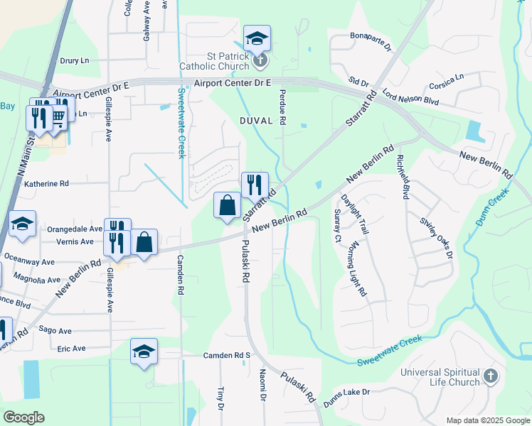 map of restaurants, bars, coffee shops, grocery stores, and more near 418 Starratt Road in Jacksonville
