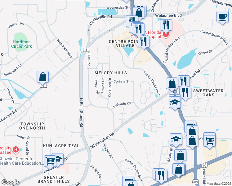 map of restaurants, bars, coffee shops, grocery stores, and more near 1928 Shelby Court in Tallahassee