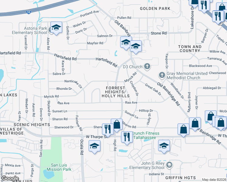map of restaurants, bars, coffee shops, grocery stores, and more near 2114 High Road in Tallahassee