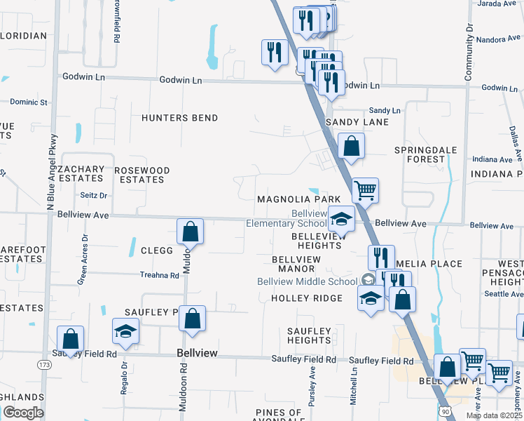 map of restaurants, bars, coffee shops, grocery stores, and more near 4687 Petra Circle in Pensacola