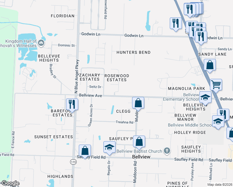 map of restaurants, bars, coffee shops, grocery stores, and more near 6016 Yellow Rose Drive in Pensacola