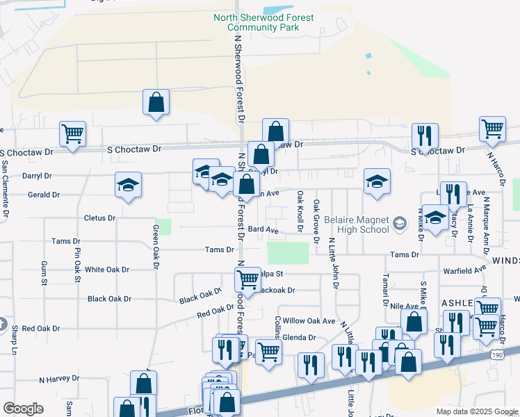 map of restaurants, bars, coffee shops, grocery stores, and more near 2244 North Sherwood Forest Drive in Baton Rouge