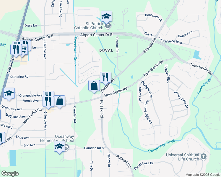 map of restaurants, bars, coffee shops, grocery stores, and more near 418 Starratt Road in Jacksonville