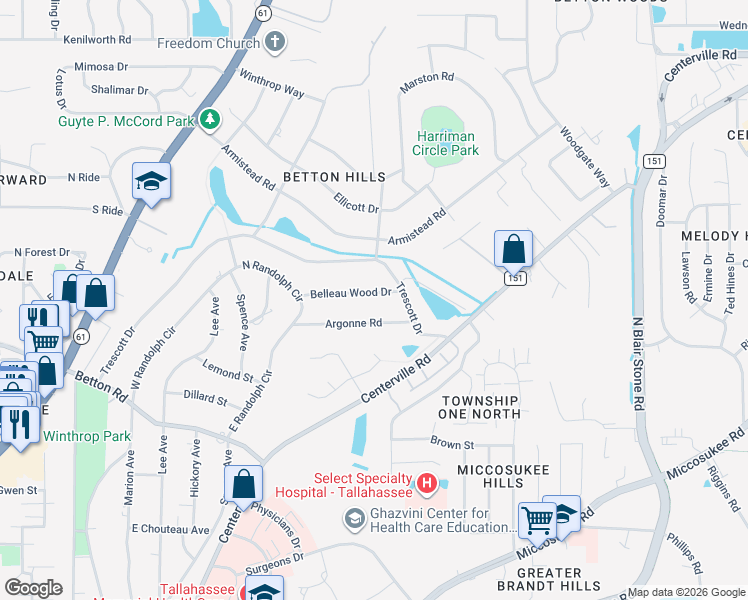map of restaurants, bars, coffee shops, grocery stores, and more near 1535 Belleau Wood Drive in Tallahassee